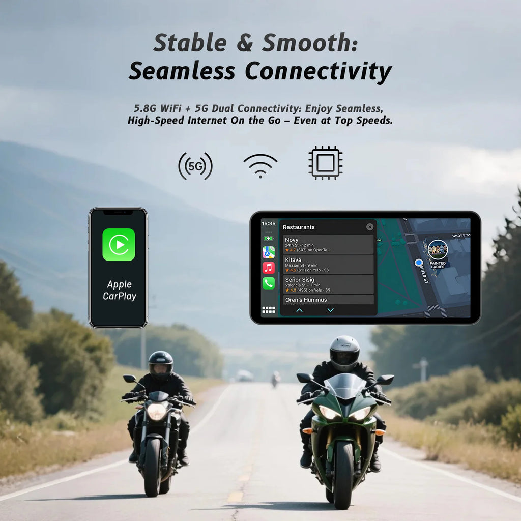 6-Inch Motorcycle Smart Display – Wireless CarPlay & Android Auto | Bluetooth Voice Control | IP67 Waterproof | HD Touchscreen |