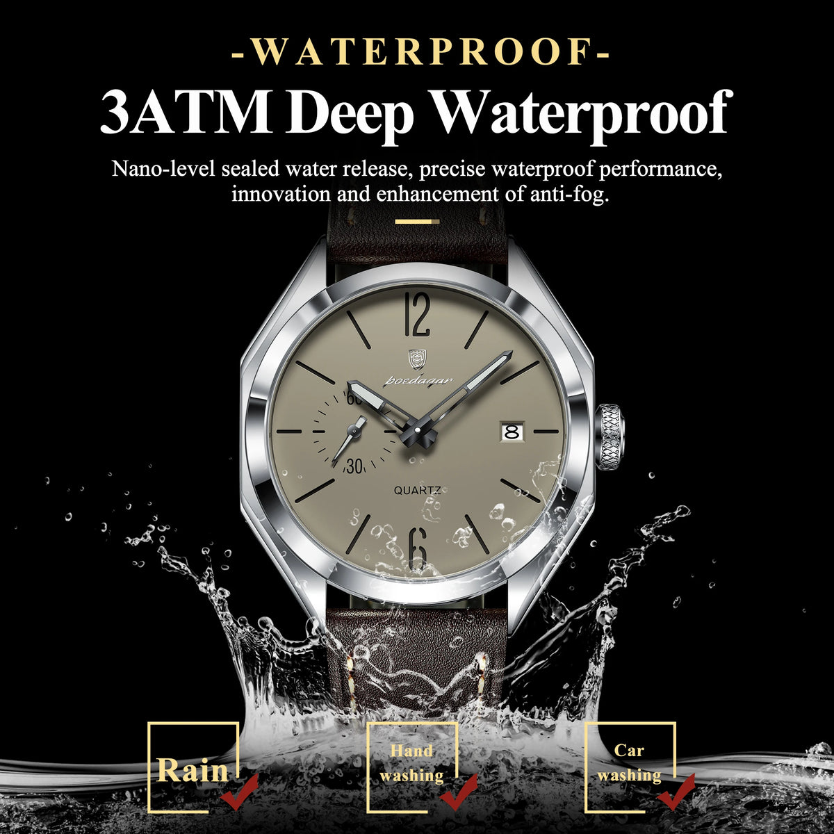 Reloj de hombre POEDAGAR de alta moda, con correa de piel, fecha, cuarzo, estilo negocios, resistente al agua, luminoso y casual