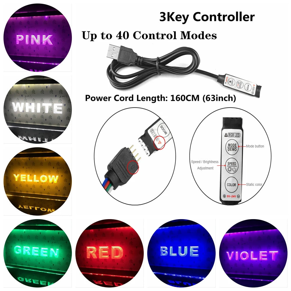 Controlador LED de 3 teclas y cable de alimentación, con modos de color