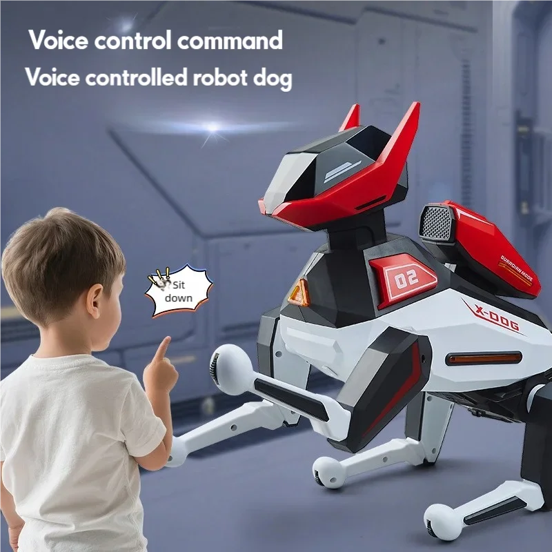 Perro robot con control por voz rojo y blanco, con movimiento y luces LED
