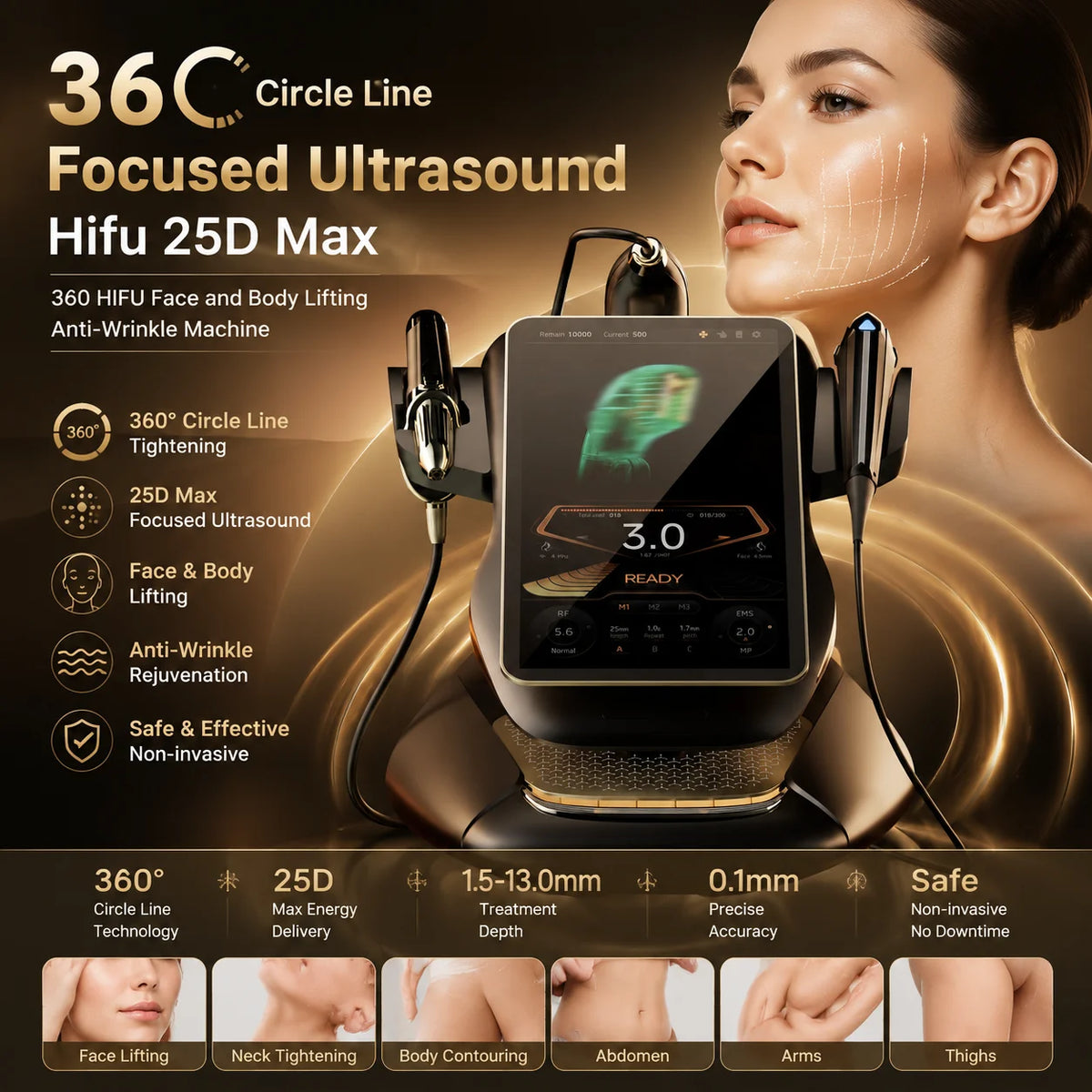 Máquina HIFU 25D 360MAX 3 en 1 para Lifting Facial y Corporal, EMS RF, para Rejuvenecimiento Facial No Invasivo y Reafirmación y Adelgazamiento Corporal