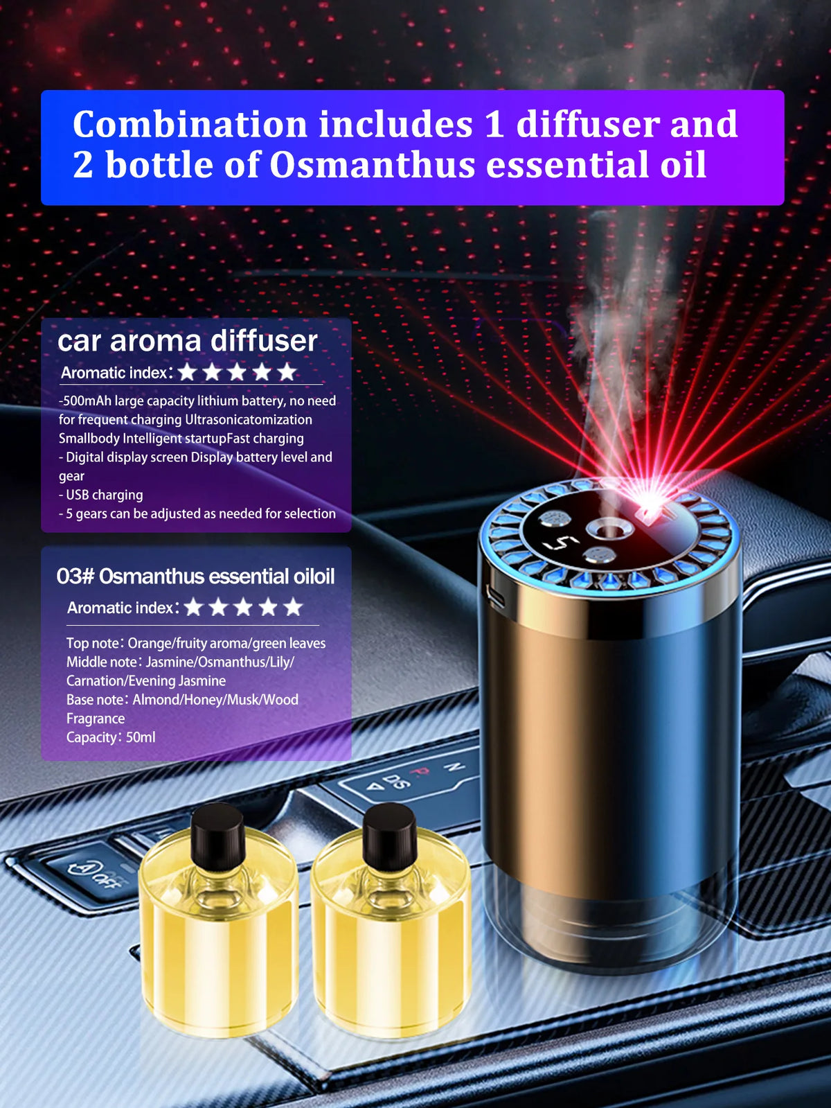 Difusor de aroma de coche recargable, aceite esencial aromático, luces coloridas, luces románticas de cielo estrellado, regalo de dormitorio