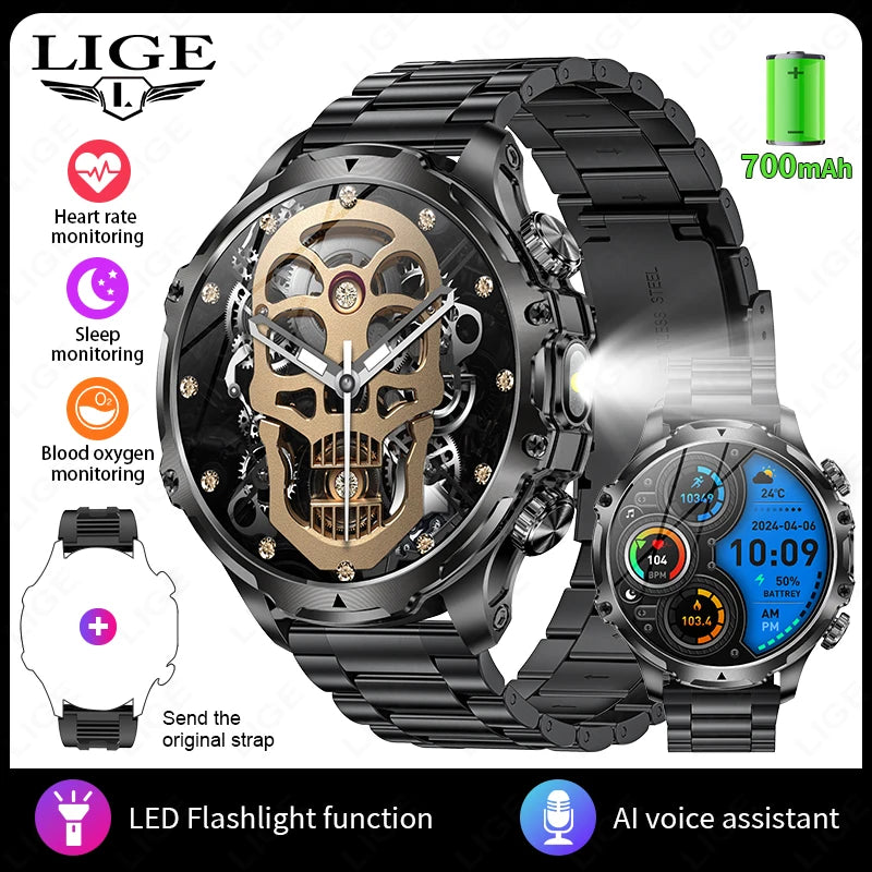 Reloj inteligente deportivo para exteriores LIGE AK75 para hombre, linterna, batería grande de 700 mAh, llamadas por Bluetooth, luz LED, rastreador de actividad física, reloj inteligente
