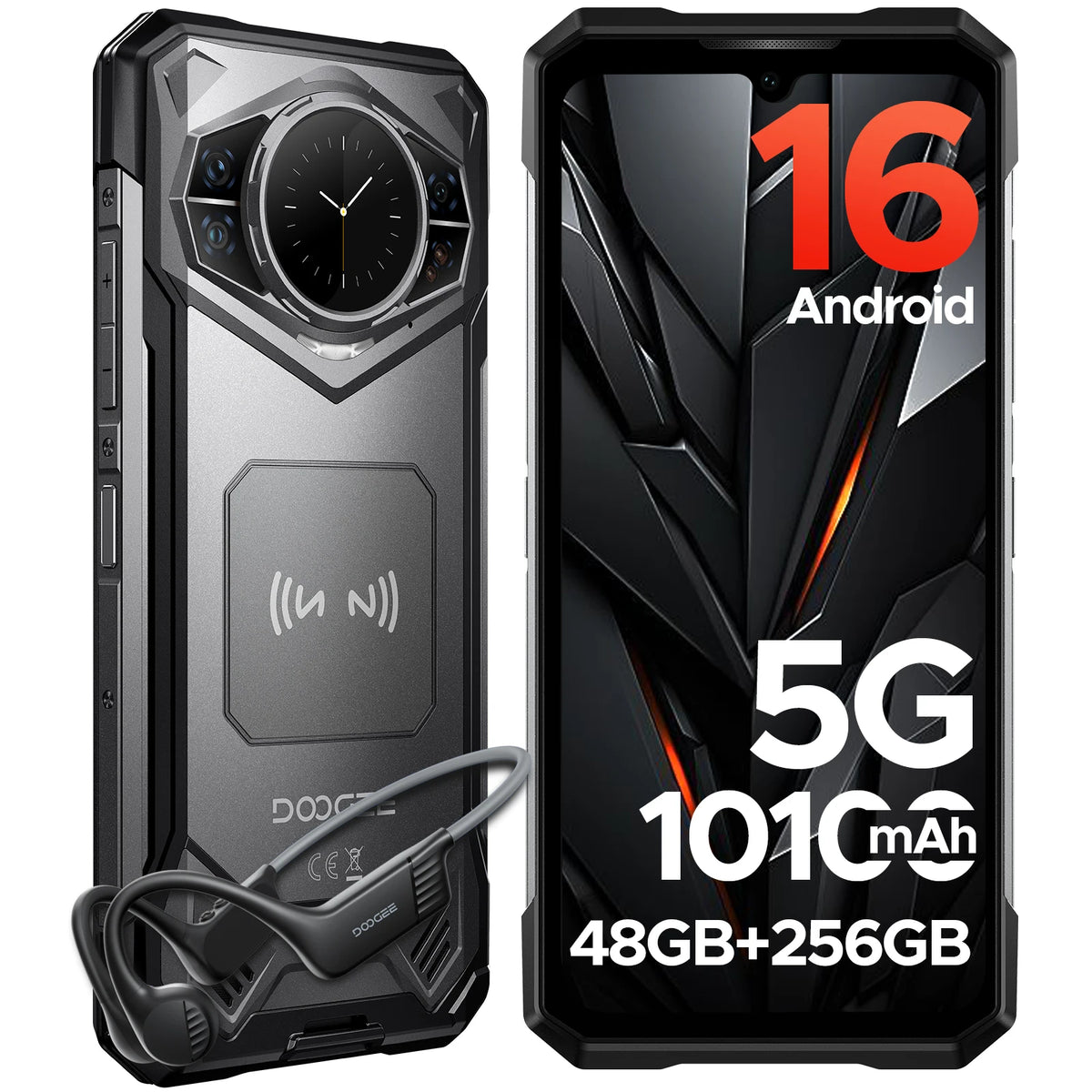 DOOGEE S200E AI Rugged Phone Android 16 1.32" AMOLED Rear Display 10100mAh Battery Dimensity 7050 48GB RAM(8+40) 256GB ROM NFC Google Pay Supports VIP Edition with Bone Conduction Running Headphones
