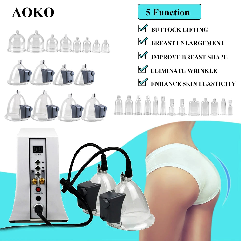Máquina de terapia de vacío AOKO de 35 copas para aumento de senos, adelgazamiento, modelado corporal, realzador de caderas, masajeador de ventosas, levantamiento de glúteos, cuidado facial, uso en spa en casa.