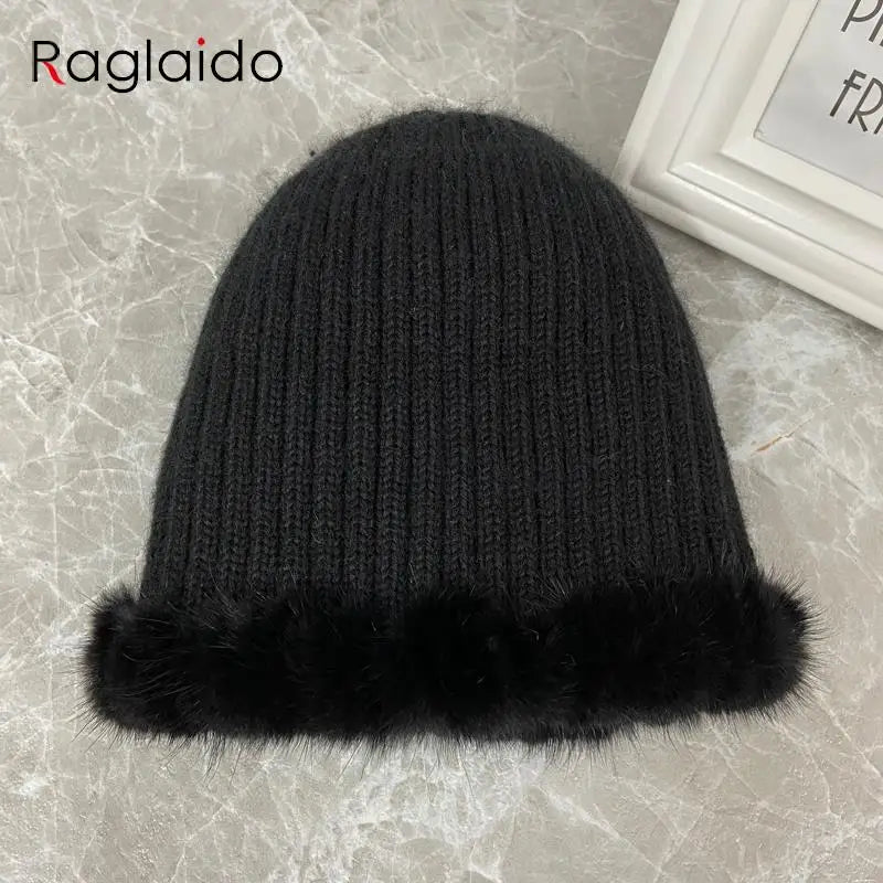 Sombrero de punto de piel de zorro de visón Natural con diamantes para mujer, gorros de invierno, gorro de nieve cálido para exteriores, elegante