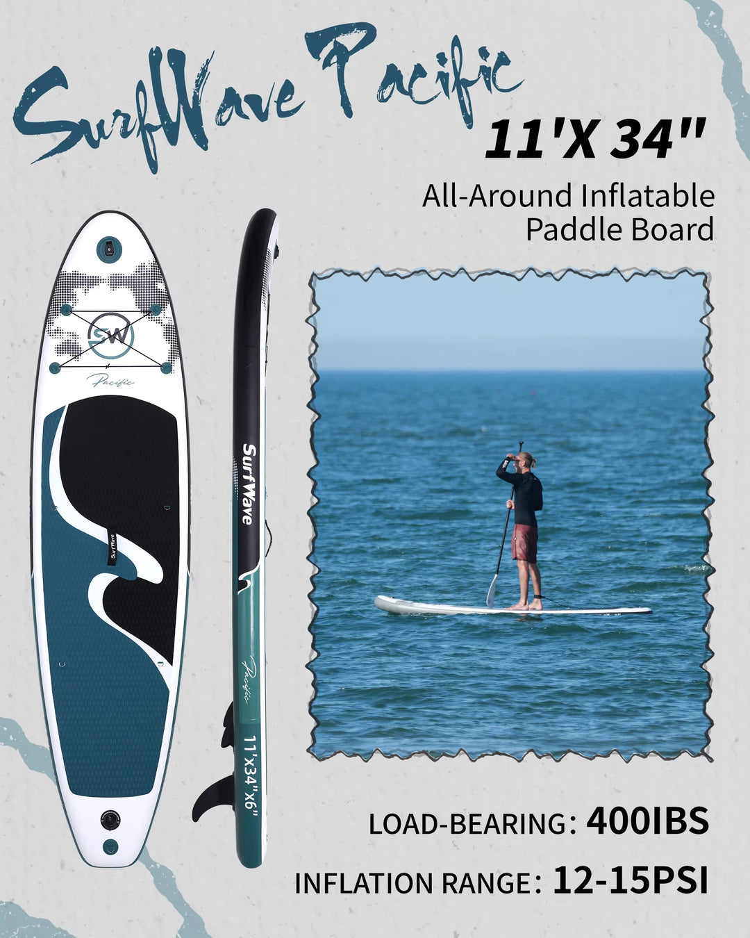 Tabla de Surf SurfWave 335x86x15cm, Tabla de Paddle Surf Inflable Antideslizante para Deportes Acuáticos
