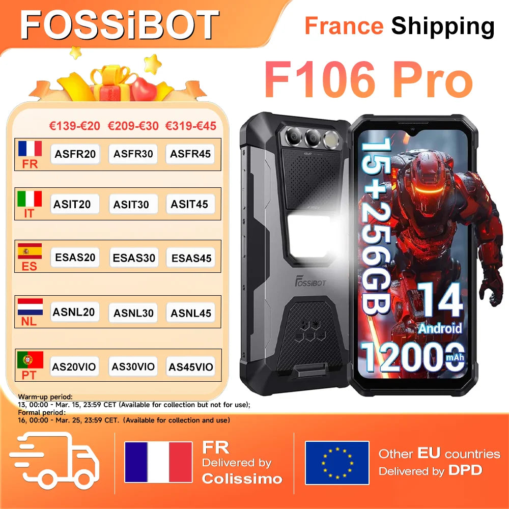 Smartphone robusto FOSSiBOT F106 Pro 15GB(8+7) RAM / 256GB ROM 12000mAh Android 14 6,58" 48MP Helio G85 Teléfono doble SIM 4G