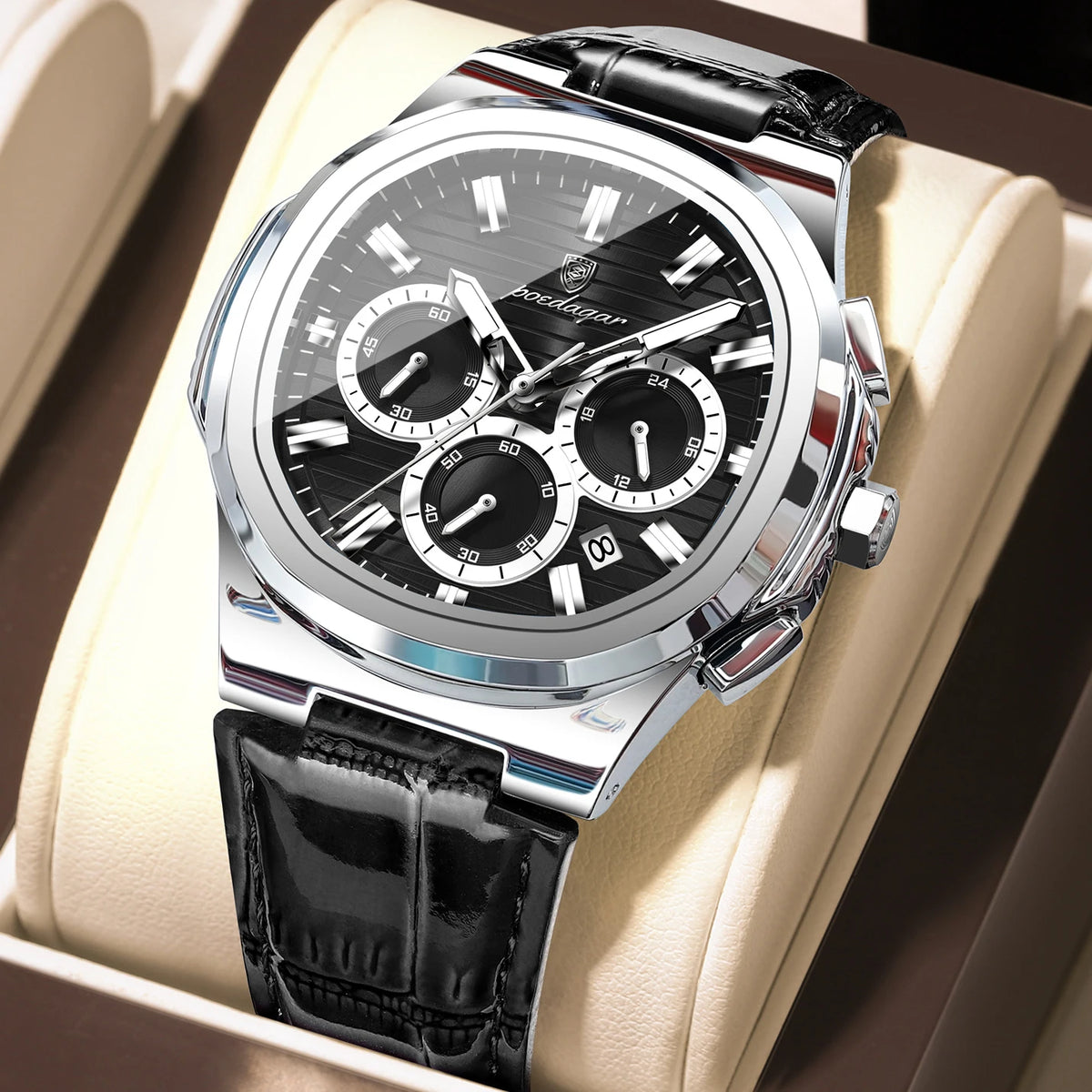 Reloj de pulsera para hombre POEDAGAR, original, de cuero, resistente al agua, luminoso, a la moda, con fecha, cronógrafo, de cuarzo, deportivo.