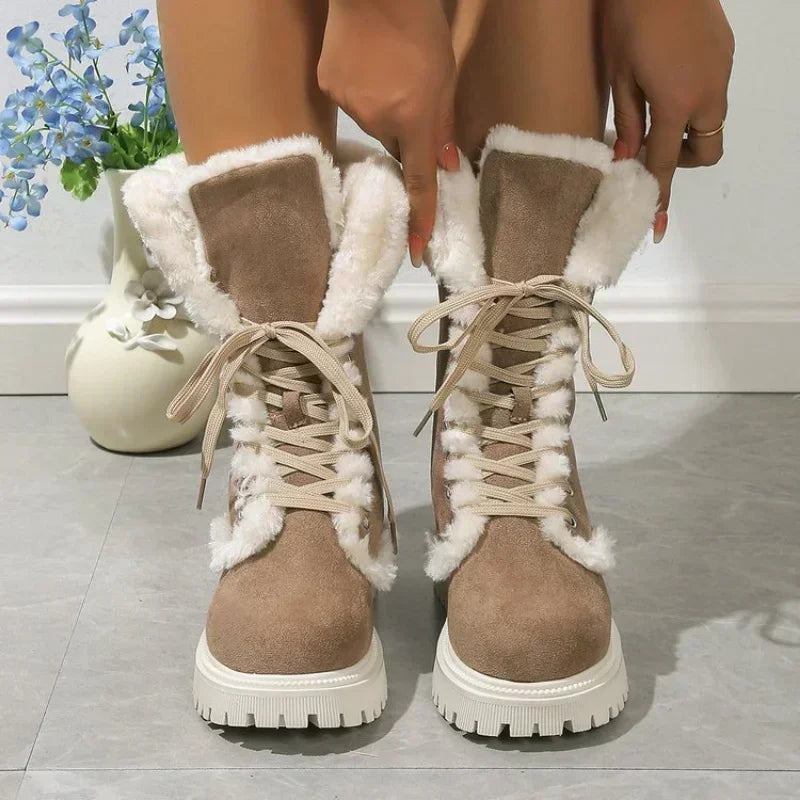 Botas de nieve gruesas de felpa para mujer, botines con plataforma de piel sintética para invierno, botas de nieve con cordones a media pantorrilla, zapatos de algodón grueso