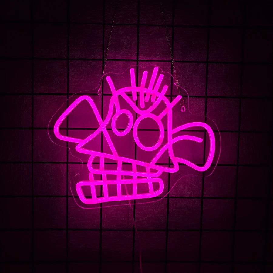Cartel de neón con esqueleto de color rosa, con sombrero y detalles, encendido