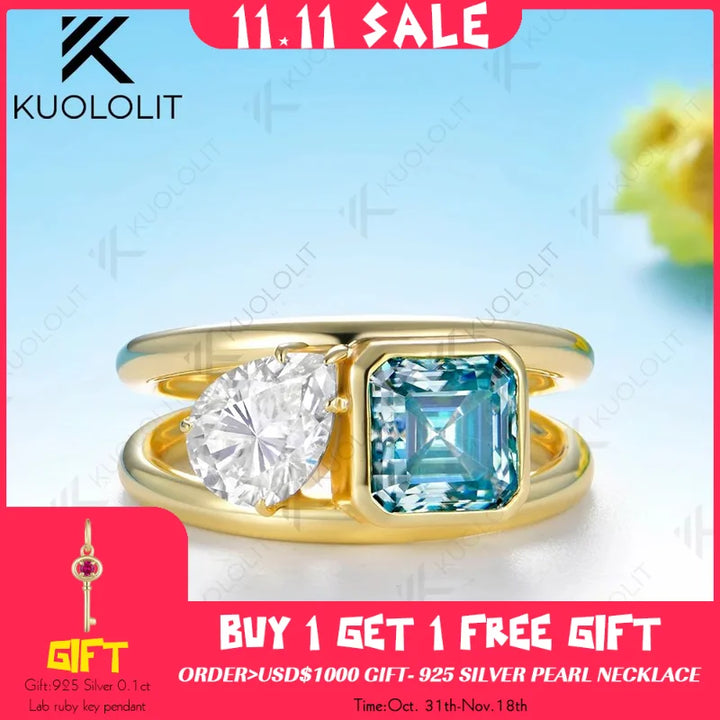 Anillo de Moissanita Cian Kuololit con Corte Asscher y Diseño Personalizado para Mujer, Oro Amarillo Sólido 14K 10K 585, para Regalo de Navidad o Aniversario