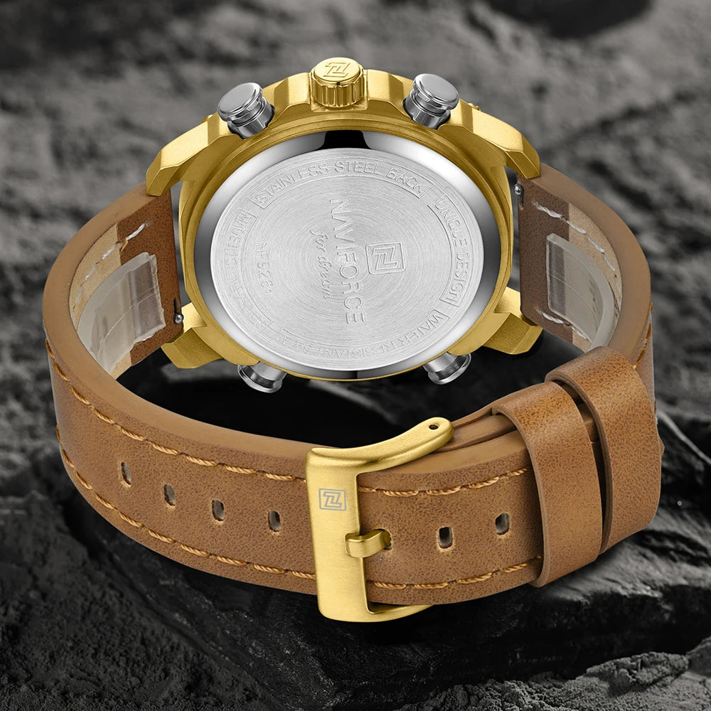 NAVIFORCE Sport Watches for Men Strong Luminous Dual Display Waterproof Genuine Leather Quartz Wristwatch Relogio Masculino