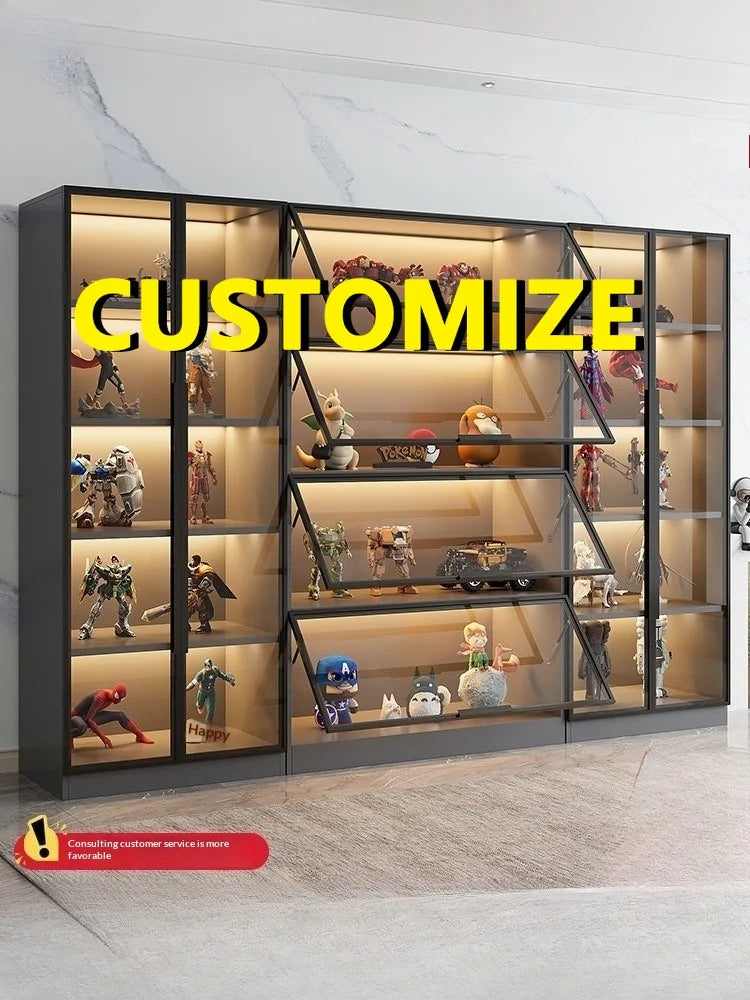 Customizable Figure Display Cabinet Tempered Glass Door LED Light Large Capacity Layered Storage Aluminum Frame Eco Living