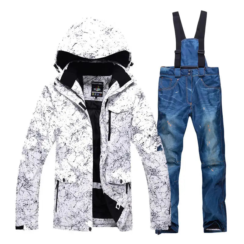 -30 Conjuntos de trajes de nieve blancos para hombres o mujeres Ropa de invierno al aire libre Ropa de snowboard Disfraces impermeables Chaqueta de esquí + Baberos de pantalón de nieve