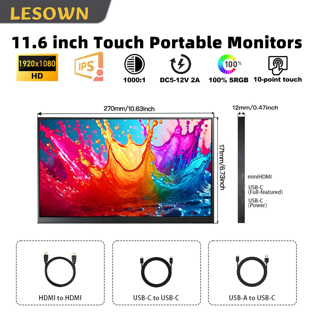 Monitor Portátil LESOWN de 11.6 Pulgadas, Negro, Aluminio, 1920x1080, Pantalla Delgada para Viajes, Táctil, Sin Controlador, para Negocios