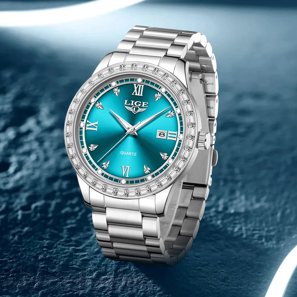 LIGE Original Quartz Watch for Women Diamond Dial Stainless Steel Waterproof Luminous Elegant Women's Wristwatches Reloj Mujer