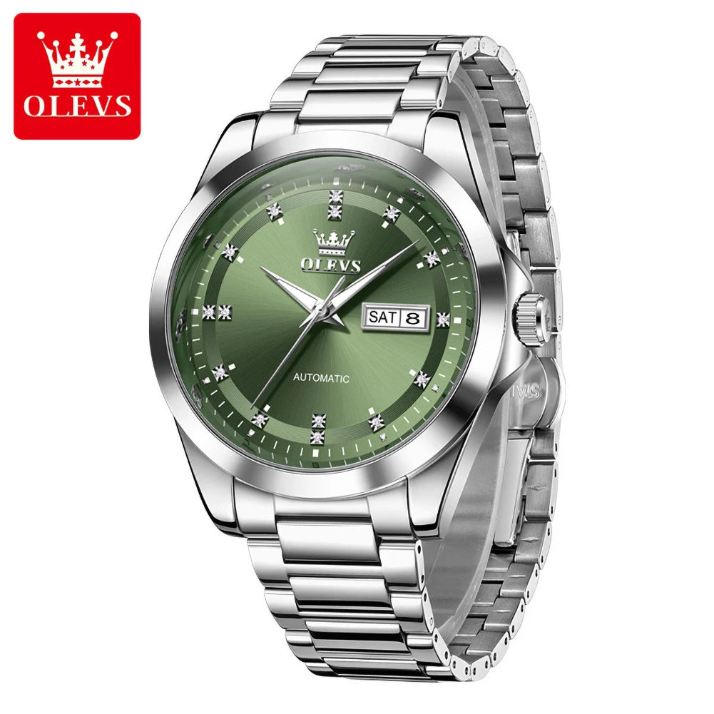 Relojes mecánicos de lujo OLEVS para hombre, reloj de pulsera automático con calendario doble, resistente al agua, luminoso, de acero inoxidable 7136
