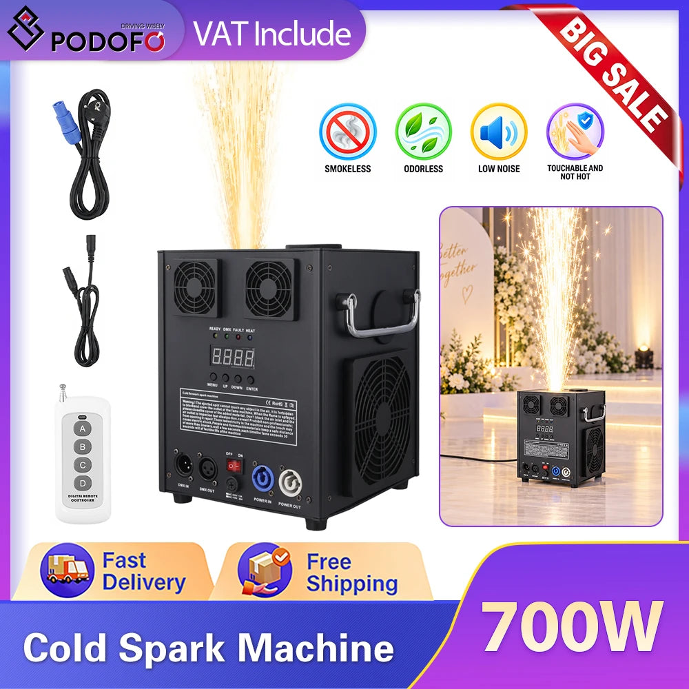 Máquina de chispas frías Podofo de 700 W, máquina electrónica de pulverización de flores para interiores y exteriores, máquina de fuegos artificiales para escenarios con control remoto y DMX512, máquina de efectos para