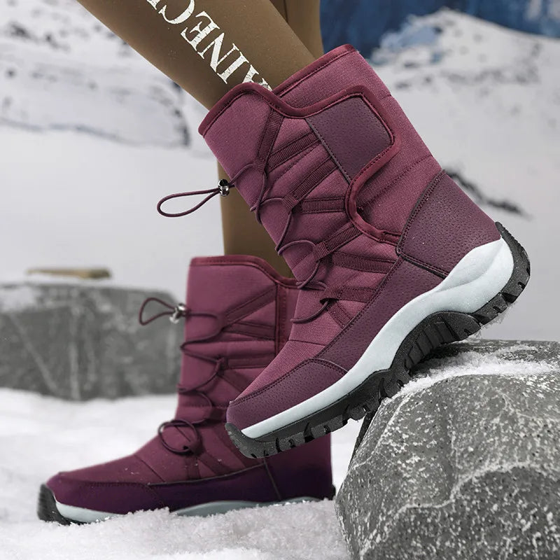 Botines de invierno para mujer, botas de nieve para mantener el calor, botas de senderismo con plataforma sin cordones para exteriores, botas de felpa gruesas para mujer