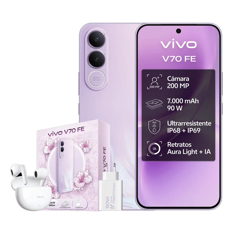 Smartphone vivo V70 FE 5G versión europea, 8GB+256GB, OriginOS 6, Dimensity 7360-Turbo, LPDDR5X, UFS 3.1, 7000 mAh, 90W, IP69