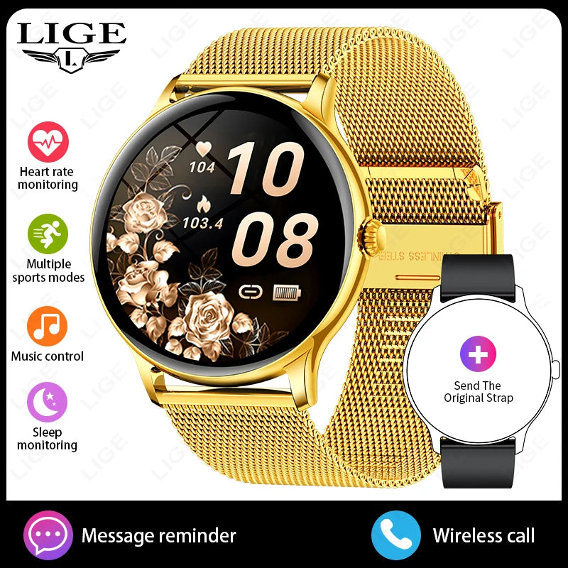 Reloj inteligente LIGE de acero de lujo para hombre, pantalla táctil completa, llamadas Bluetooth, monitor de frecuencia cardíaca y sueño, voz por IA, resistente al agua IP68.