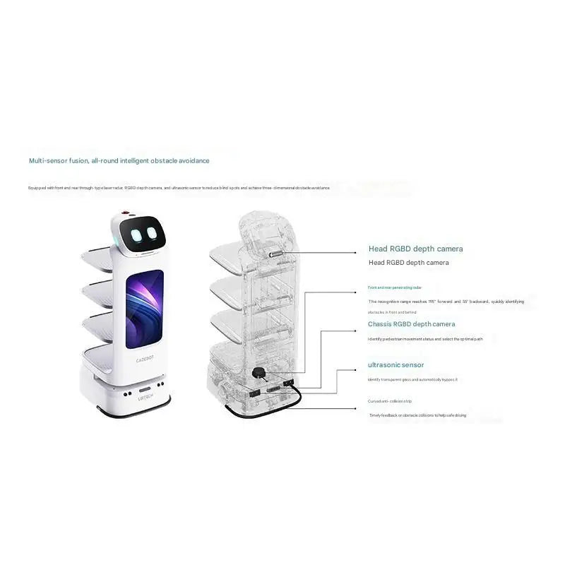 Robot repartidor blanco con tapa transparente y bandejas laterales