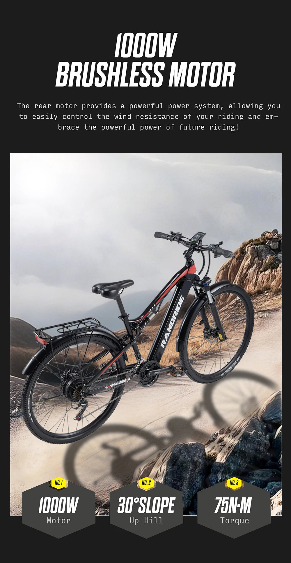 RANDRIDE YG90B‑29 29 Inch Adult Urban Mountain E‑Bike 1000W Brushless Motor 48V 17Ah Large Capacity Lithium Battery Hydraulic Disc Brakes Electric Bicycle for Commuting Off‑Road Riding`