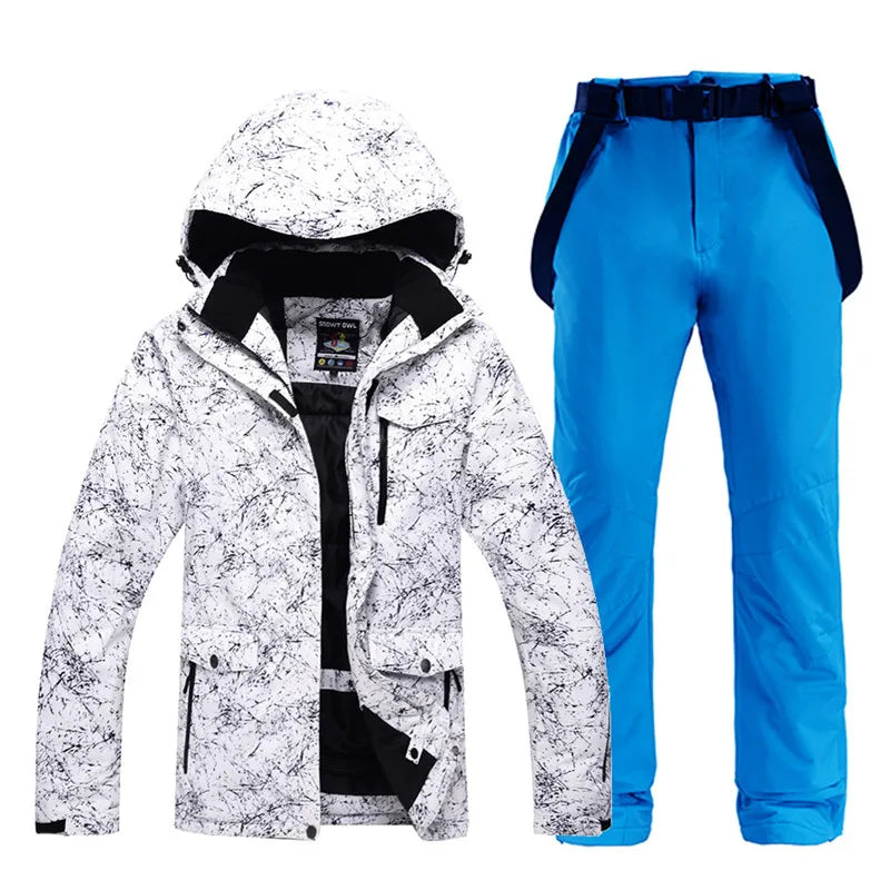 -30 Conjuntos de trajes de nieve blancos para hombres o mujeres Ropa de invierno al aire libre Ropa de snowboard Disfraces impermeables Chaqueta de esquí + Baberos de pantalón de nieve
