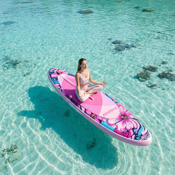Funwater SUPFW36B Tabla Paddle Surf Hinchable Tabla SUP 335x84x15cm 165kg+ Rosa Flores Turquesa EVA Antideslizante Soporte Cámara Tres Quillas Lagos Costa Yoga Pesca Travesía Vacaciones Kit Accesorios