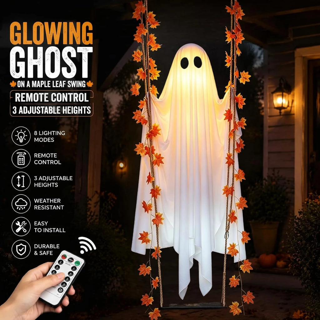 Fantasma columpio colgante luminoso de Halloween, fantasma volador ajustable en brillo, adorno para jardín, con control remoto LED