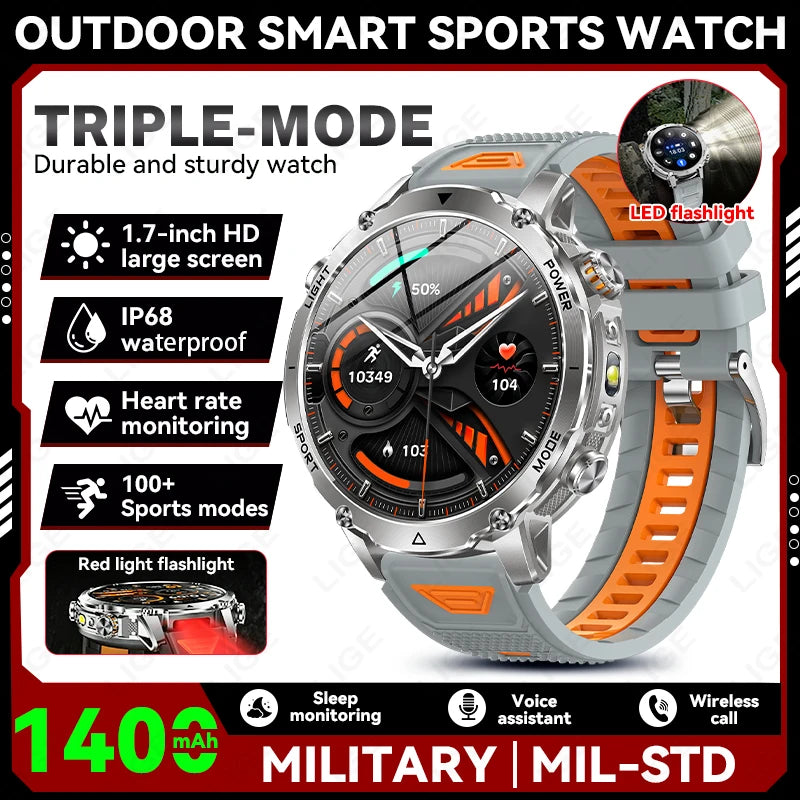 Reloj inteligente militar LIGE TANK Ultra con batería de 1400mAh, resistente al agua 10ATM, frecuencia cardíaca, linterna, pulsera deportiva para hombre y mujer