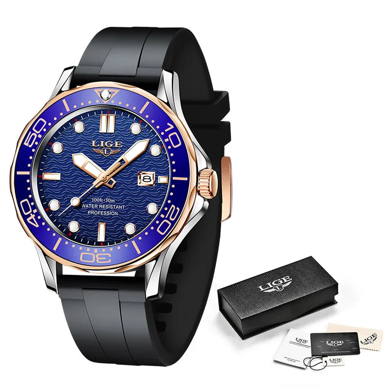 2025 LIGE Nuevos Relojes de Negocios para Hombres Reloj de Buceo de Lujo de Primera Marca para Hombres Reloj Deportivo con Fecha Resistente al Agua Reloj Masculino+Caja