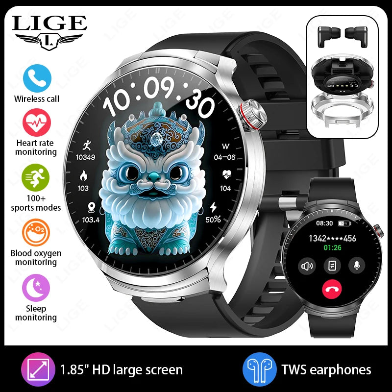Reloj inteligente LIGE TWS con auriculares, pantalla IPS de 1.85", llamadas BT, monitor de frecuencia cardíaca y sueño, reloj inteligente deportivo resistente al agua para Android e iOS