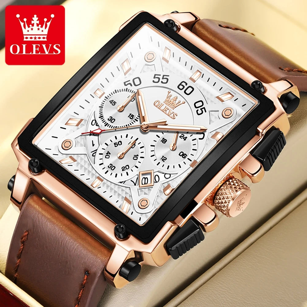 Reloj de cuarzo cuadrado para hombre OLEVS, reloj de negocios multifuncional, resistente al agua, luminoso, con correa de piel, caja de regalo 9919