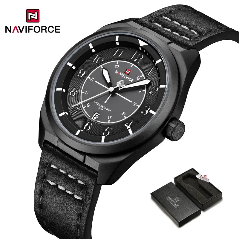 Reloj de pulsera NAVIFORCE para hombre, de cuarzo, elegante, con fecha automática, resistente al agua, de cuero genuino, para negocios, diseño único.