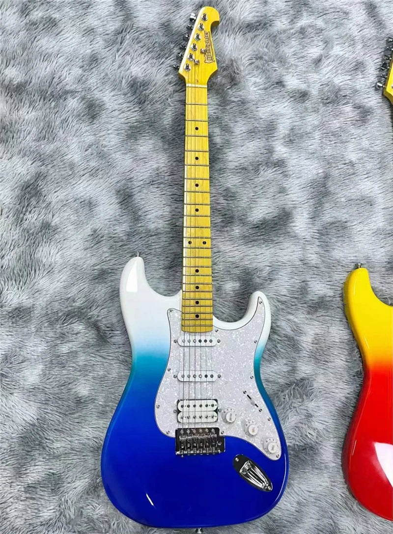 Guitarra Eléctrica Bullfighter Factory Azul Rosa Roja de 22 Trastes con Cuerpo de Álamo Sólido, Mástil de Arce, Cuerdas y Puente Cromado Vintage