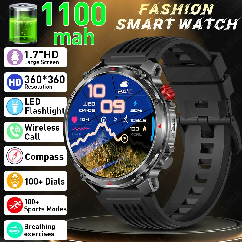 LIGE New Men Military Smart Watch Outdoor Compass 1100mAh Battery Flashlight 1.7"Display BT Call Waterproof Sports Smartwatches