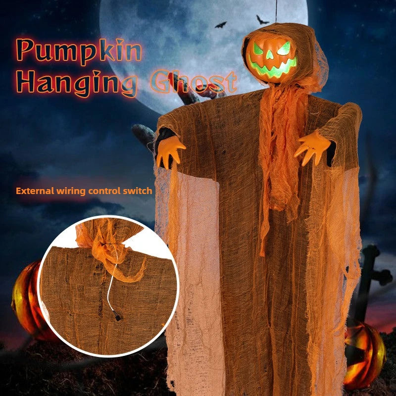 Decoración de Halloween: Calabaza Demonio Luminosa, Espantapájaros Colgante, Calabaza con Cabeza Giratoria, Decoración de Terror para el Hogar y Jardín