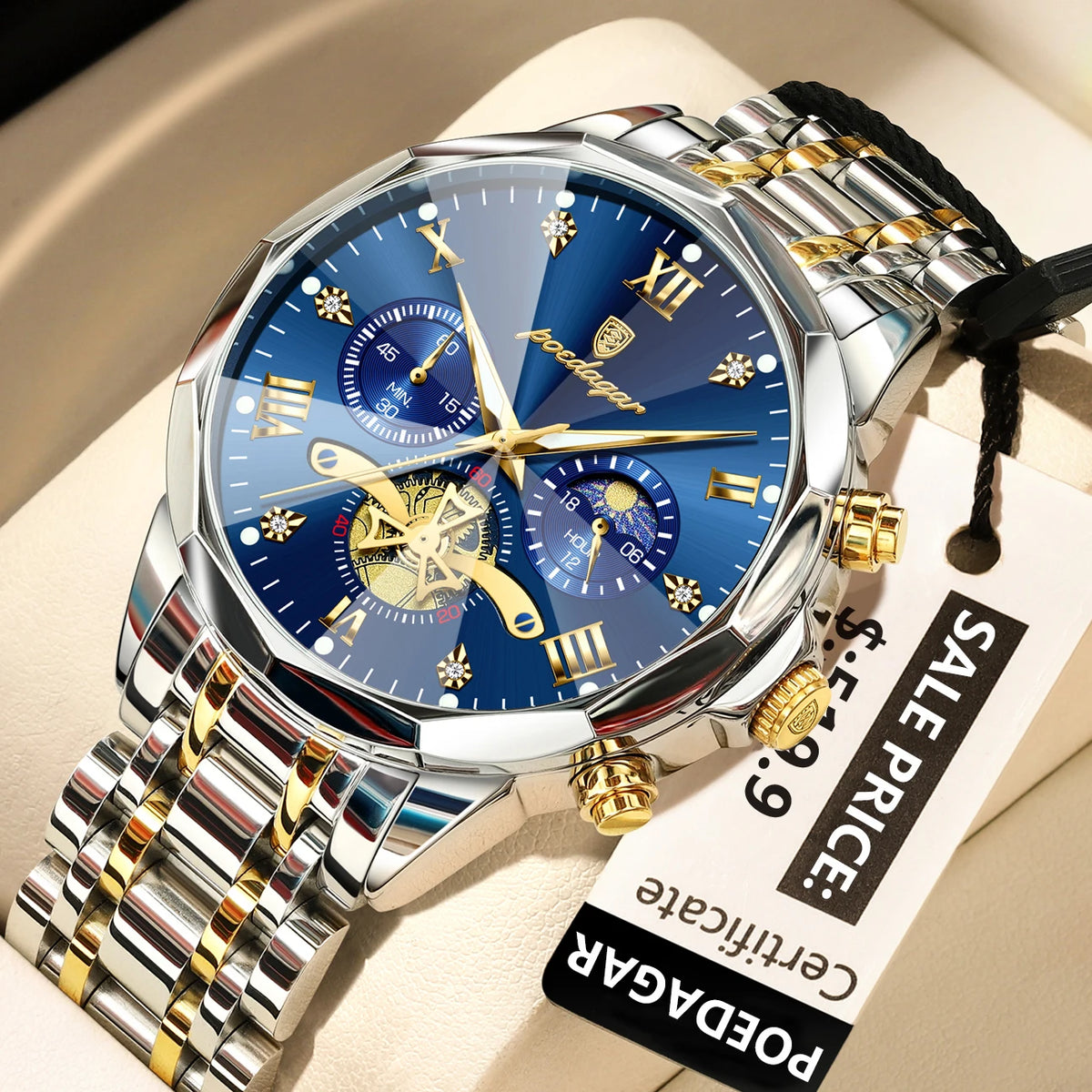 POEDAGAR Reloj de Lujo para Hombre, Reloj de Pulsera Cronógrafo Luminoso Impermeable Original Superior, de Acero Inoxidable, Relojes de Cuarzo para Hombre, Reloj