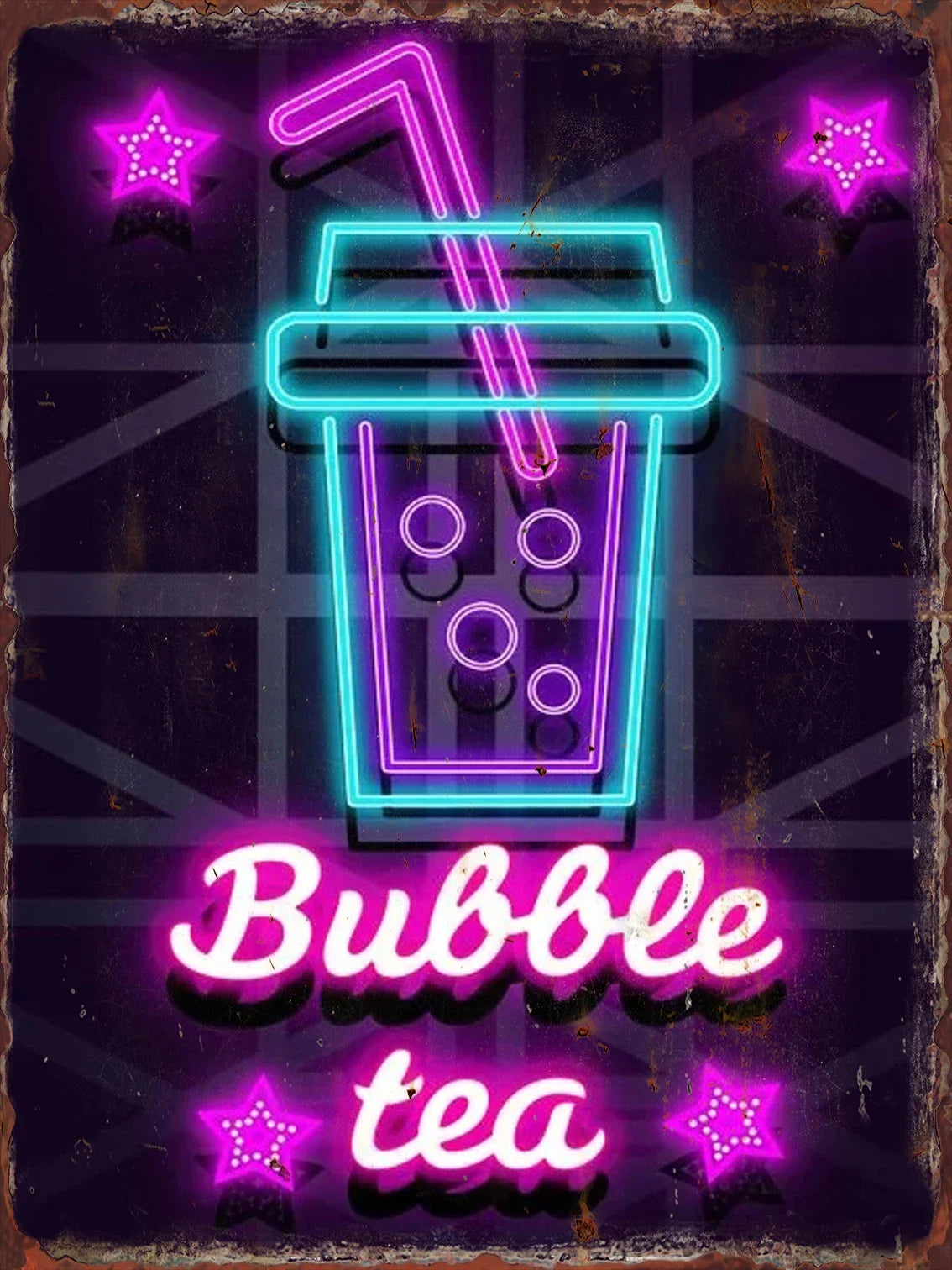 Cartel de hojalata con letrero neón de bubble tea y texto “Bubble tea”