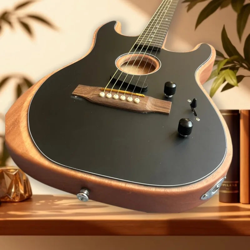Guitarra acústica-eléctrica híbrida de 6 cuerdas, acabado negro mate, ribete de madera, una sola pastilla, ideal para música folclórica, pop y para usar en el escenario, perfecta para principiantes.