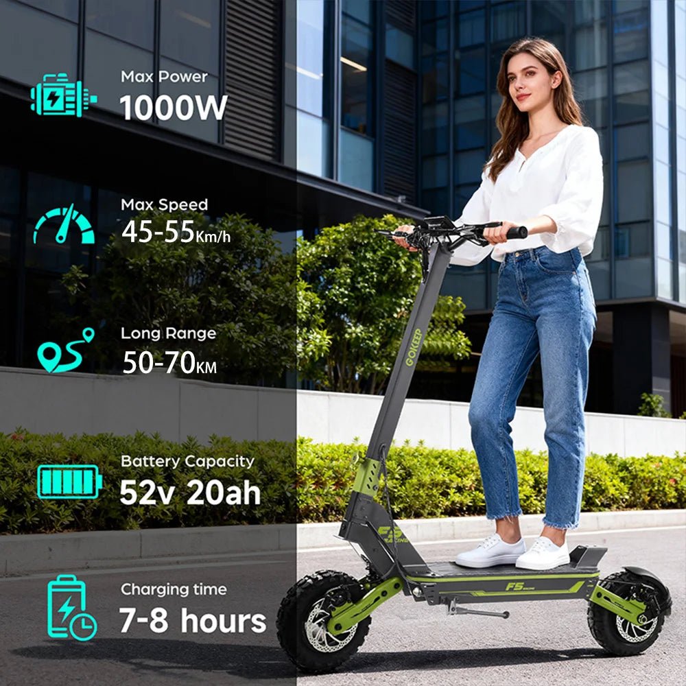 Patinete eléctrico con suspensión completa y ruedas todoterreno, verde y negro