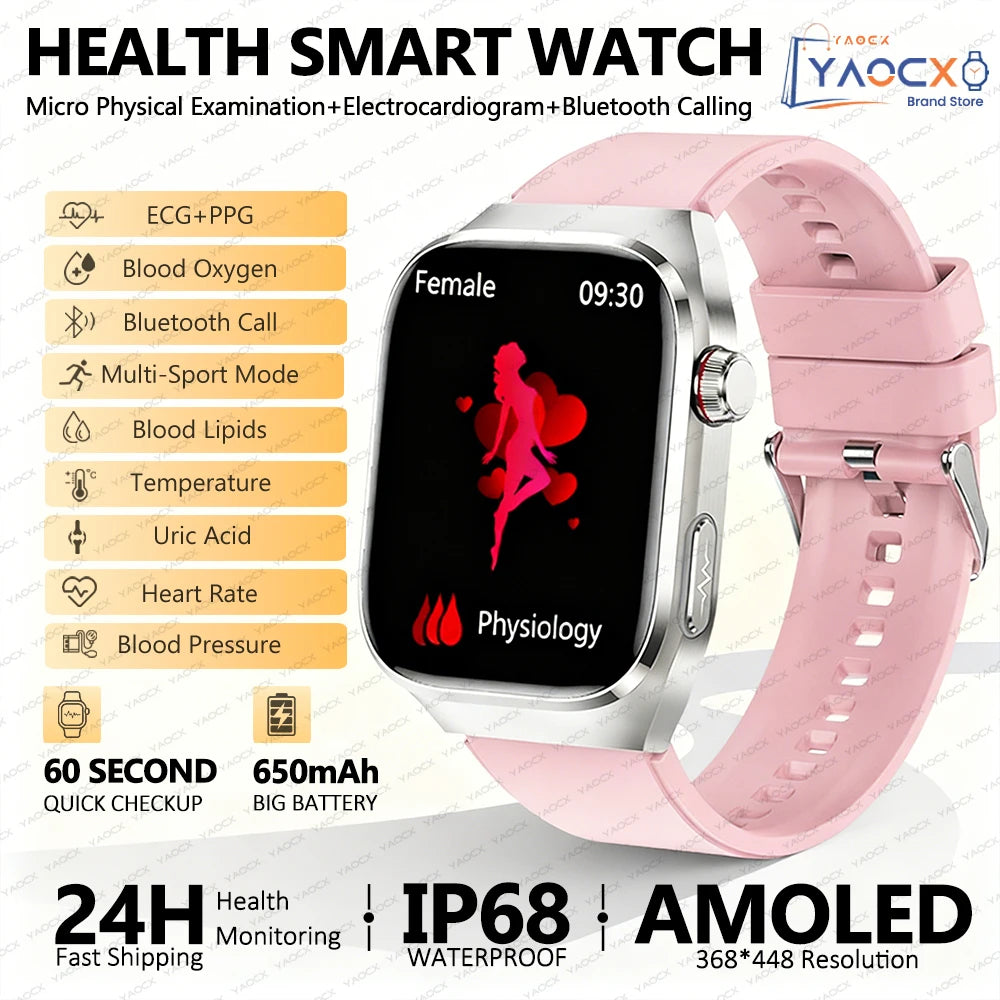 Reloj inteligente para hombre 2026, nuevo modelo con medición de ácido úrico y lípidos en sangre, ECG+PPG, presión arterial, frecuencia cardíaca, llamadas Bluetooth, reloj inteligente de salud