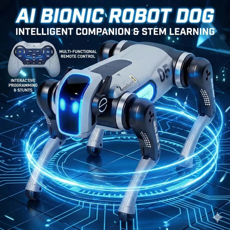 Perro robot biónico AI blanco con luces azules en el cuerpo; vista lateral sobre base