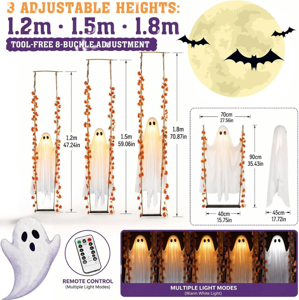 Fantasma columpio colgante luminoso de Halloween, fantasma volador ajustable en brillo, adorno para jardín, con control remoto LED