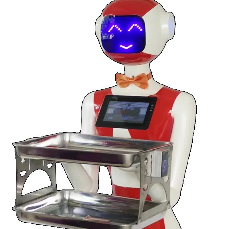 Robot camarero con uniforme rojo y bandeja metálica, con pantalla en el pecho