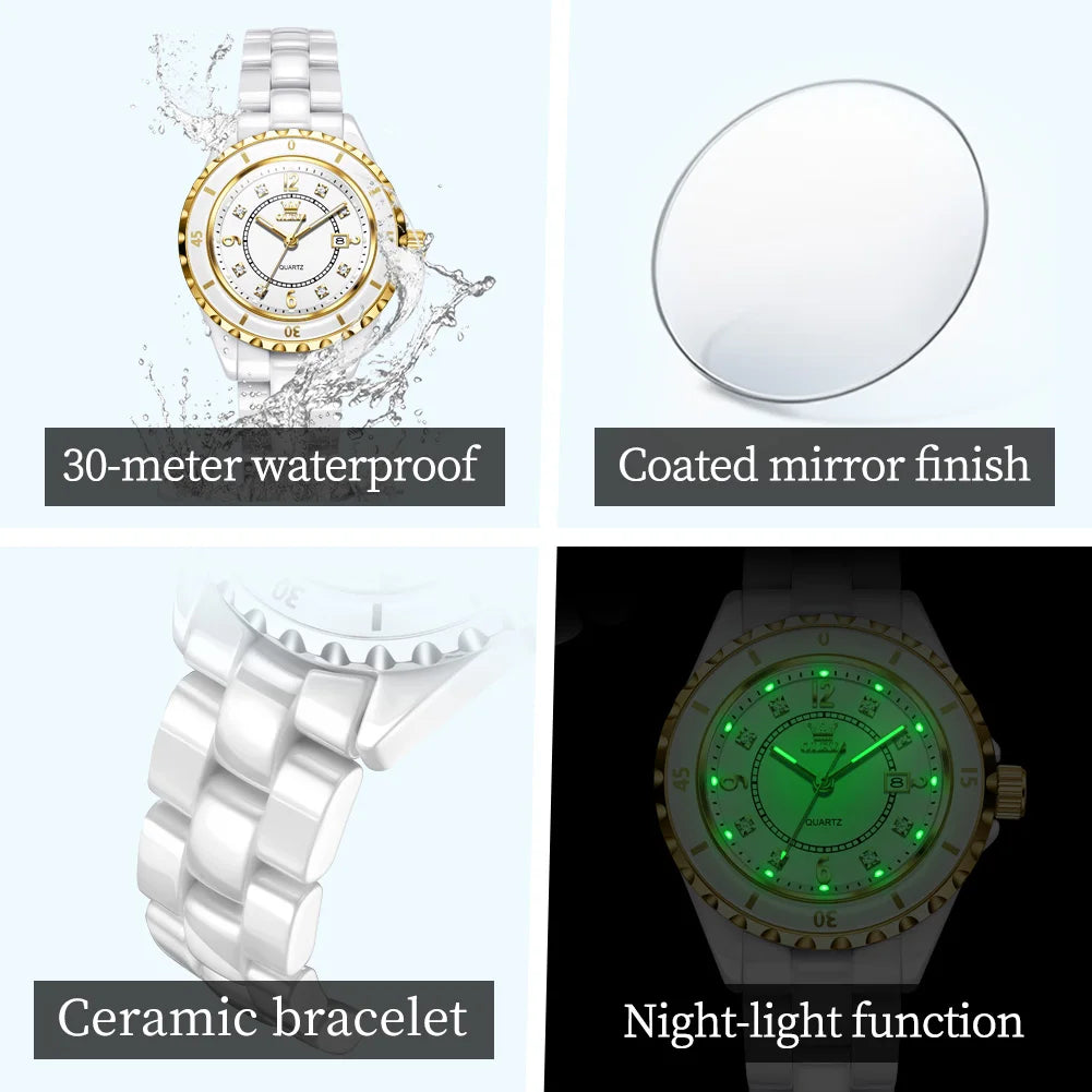Relojes OLEVS 5658 de tendencia casual para mujer, correa de cerámica blanca pura, reloj de pulsera de cuarzo original de marca líder, resistente al agua, luminoso