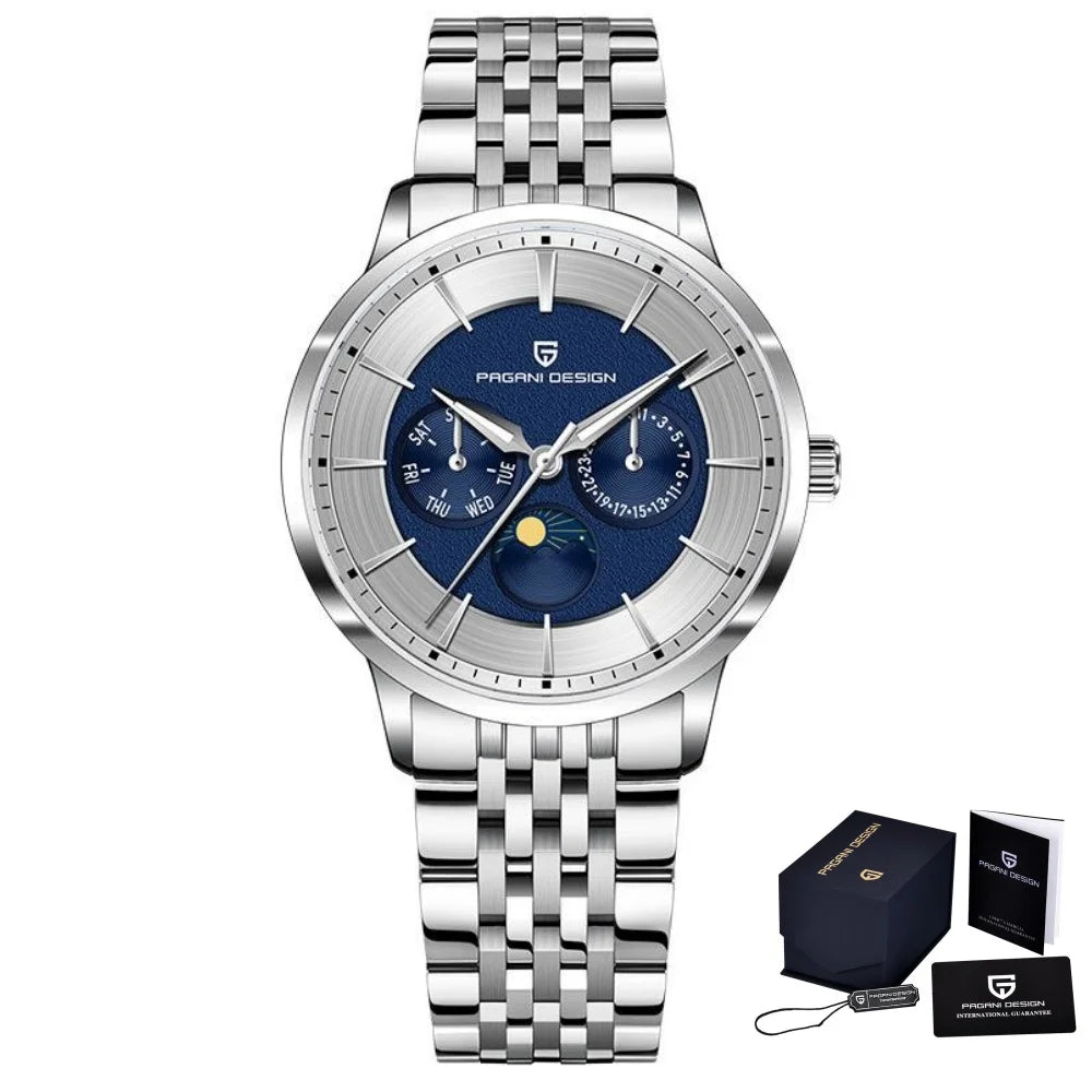 PAGANI DESIGN Brand 1795 Fashion Men Multi Functional Watch Moon Phase Date Stainless Steel Strap Week Sapphire Watches for Man