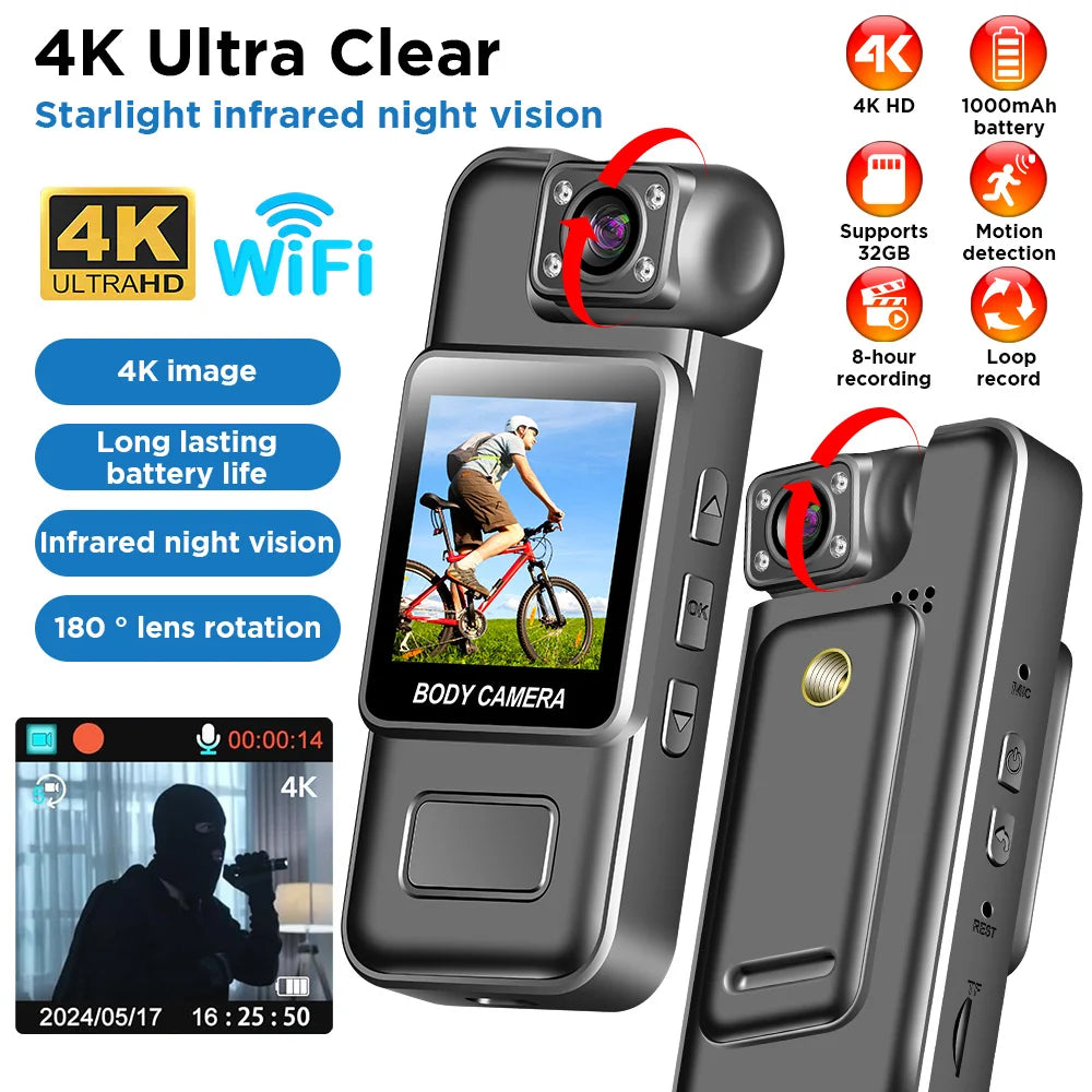 Mini cámara WiFi 4K, grabadora de vídeo Digital portátil HD de 1080P, visión nocturna infrarroja, cámara corporal de policía, videocámara deportiva DV para bicicleta pequeña